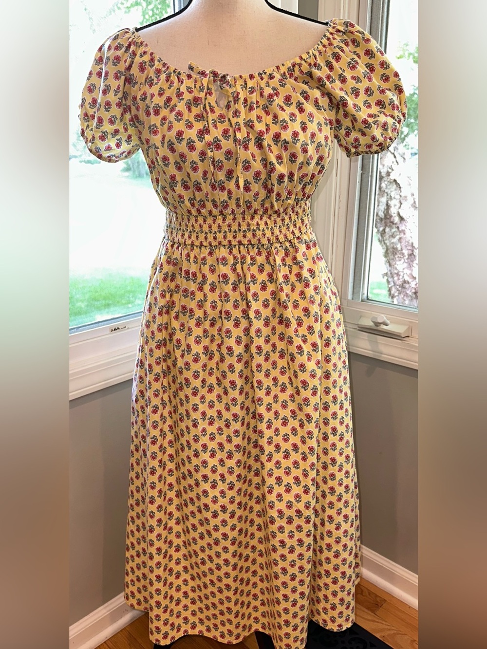 J. Crew Yellow Puff-Sleeve Midi Dress with Pink Floral Print  milkmaid Cottage